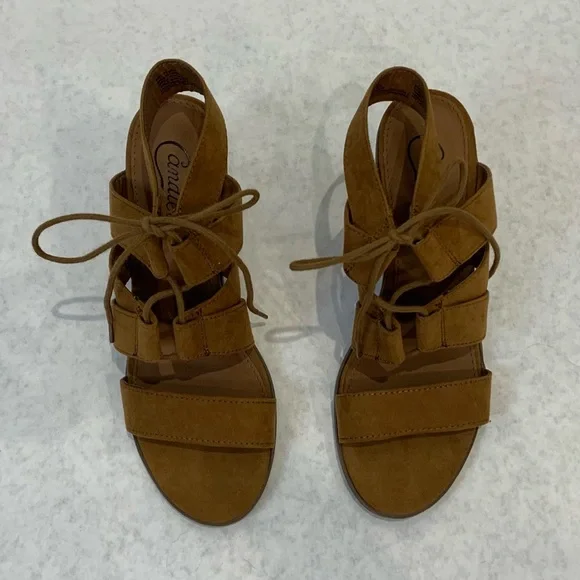 Candie’s Canova brown non-leather strappy lace up sandals with chunky heel - Picture 3 of 7